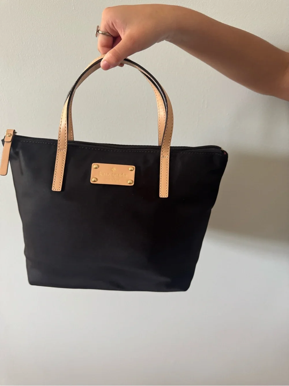 kate spade Black Nylon Tote with Tan Leather Handles and Gold Plaque